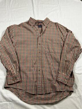 Men’s M Gant Button Down Chelsea Twill Long Sleeve Tan Maroon Plaid Gingham